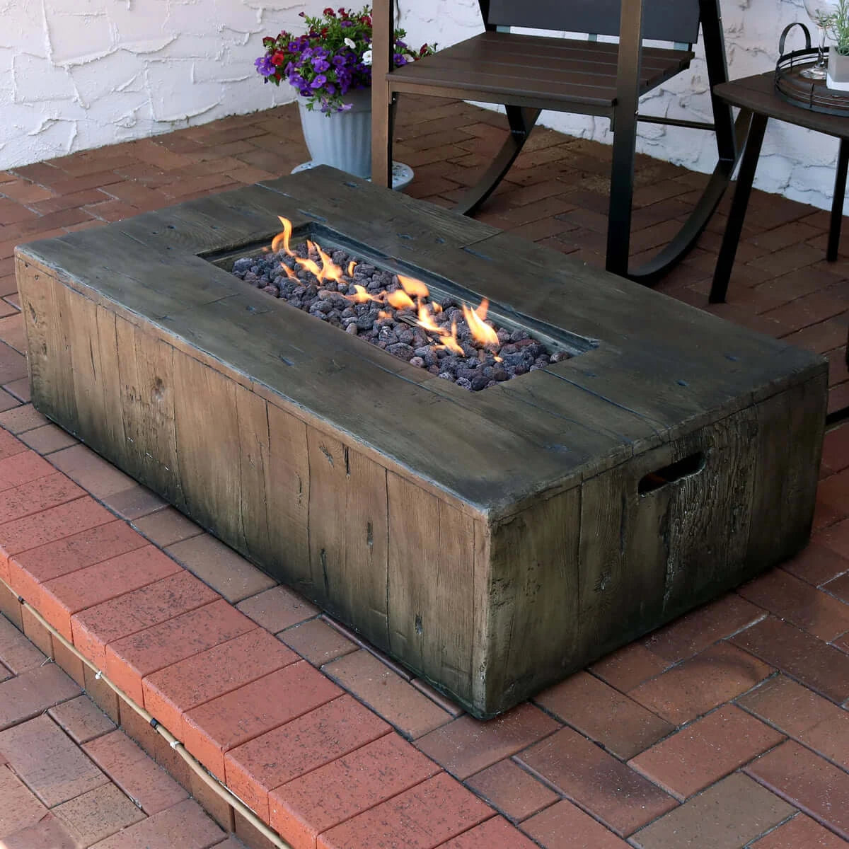48" Rustic Faux Wood Fire Pit | Weather-Resistant Durable Cover and Lava Rocks | Smokeless