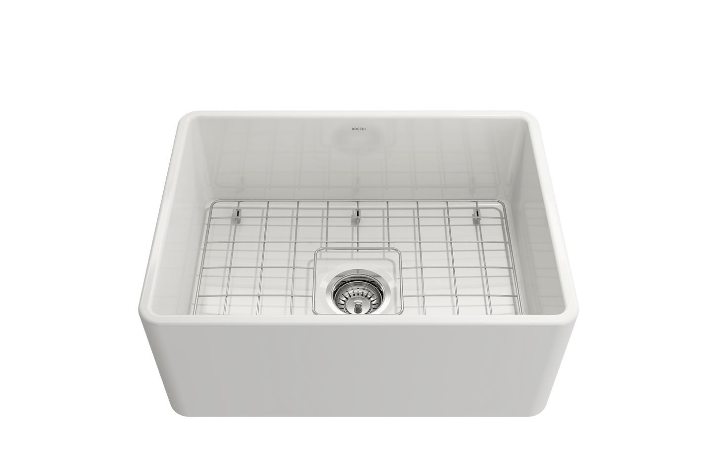 BOCCHI CLASSICO 24" Fireclay Farmhouse Single Bowl Kitchen Sink with protective bottom grid and strainer