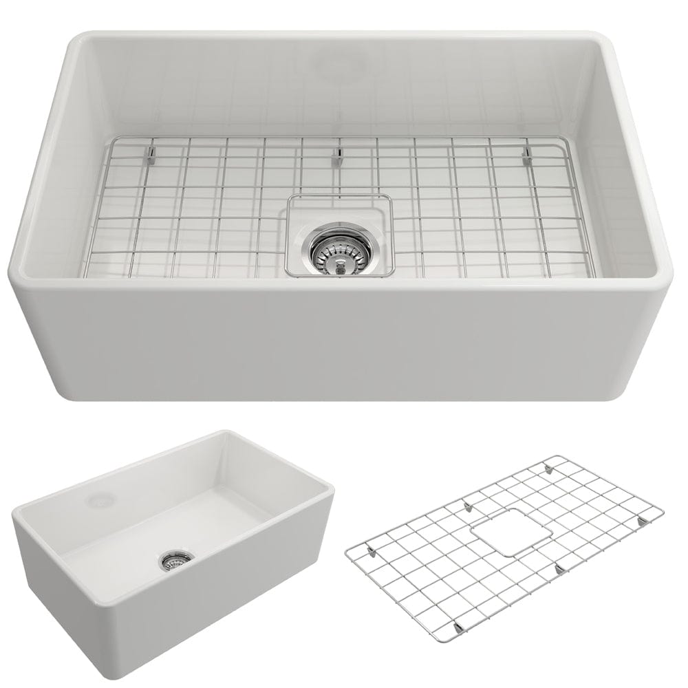BOCCHI CLASSICO 30" Fireclay Farmhouse Single Bowl Kitchen Sink with Protective Bottom Grid and Strainer