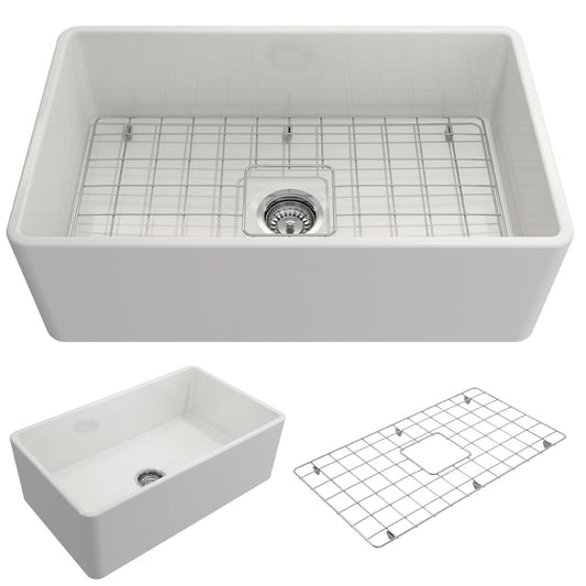 BOCCHI CLASSICO 30" Fireclay Farmhouse Single Bowl Kitchen Sink with Protective Bottom Grid and Strainer