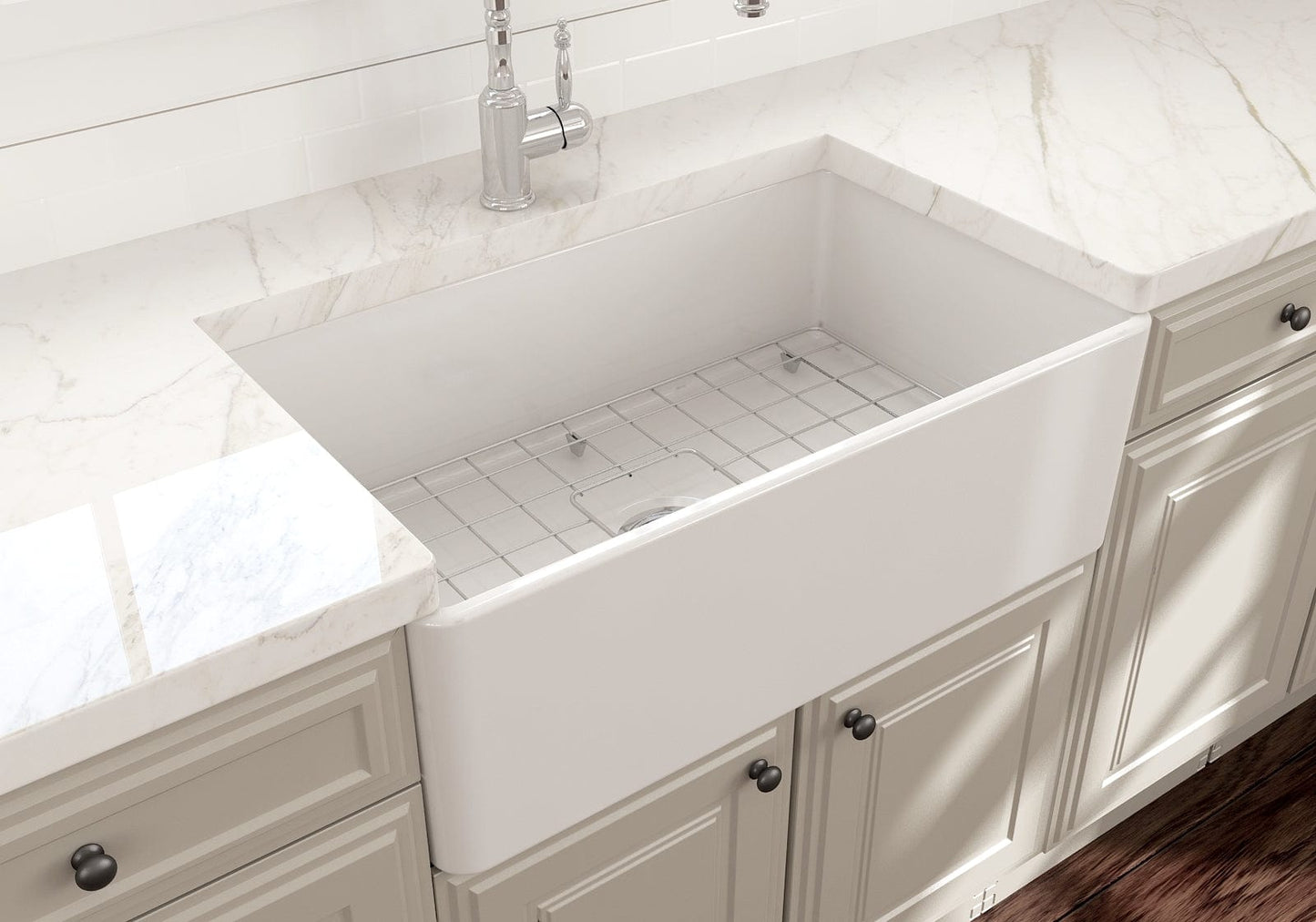 BOCCHI CLASSICO 30" Fireclay Farmhouse Single Bowl Kitchen Sink with Protective Bottom Grid and Strainer
