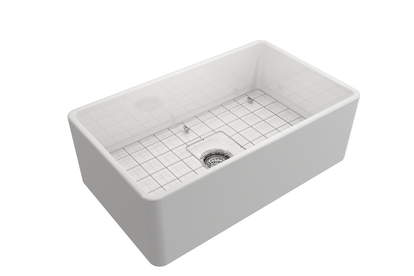 BOCCHI CLASSICO 30" Fireclay Farmhouse Single Bowl Kitchen Sink with Protective Bottom Grid and Strainer