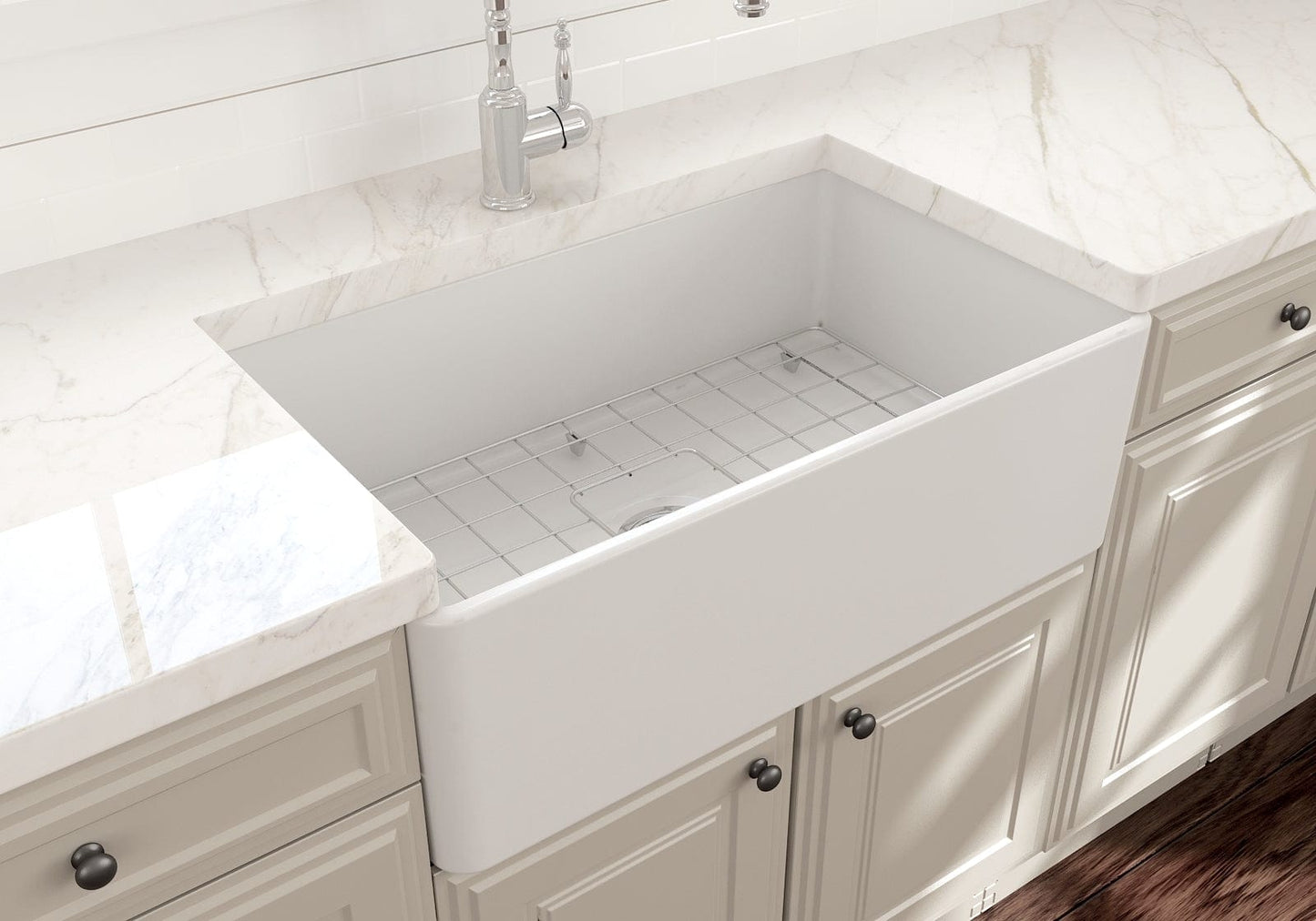 BOCCHI CLASSICO 30" Fireclay Farmhouse Single Bowl Kitchen Sink with Protective Bottom Grid and Strainer