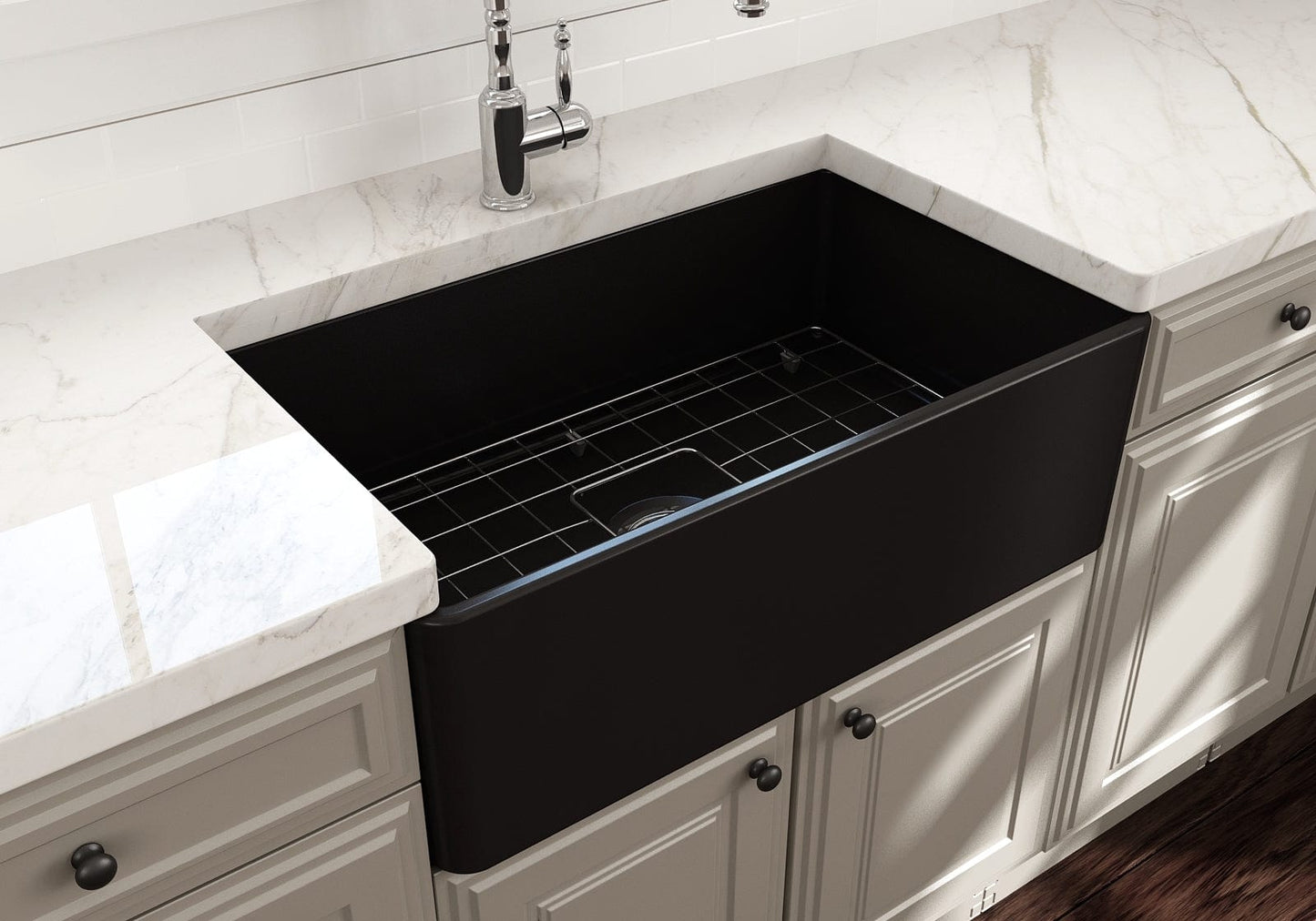 BOCCHI CLASSICO 30" Fireclay Farmhouse Single Bowl Kitchen Sink with Protective Bottom Grid and Strainer