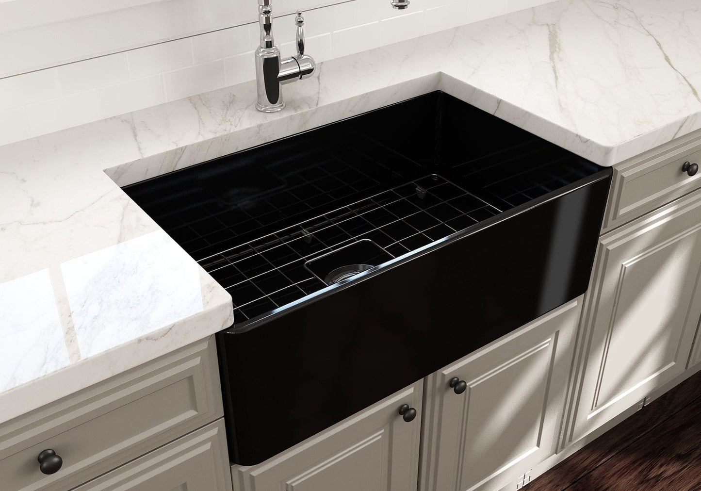 BOCCHI CLASSICO 30" Fireclay Farmhouse Single Bowl Kitchen Sink with Protective Bottom Grid and Strainer