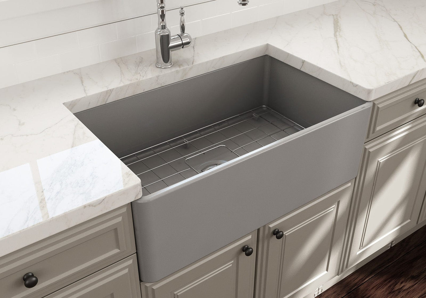 BOCCHI CLASSICO 30" Fireclay Farmhouse Single Bowl Kitchen Sink with Protective Bottom Grid and Strainer