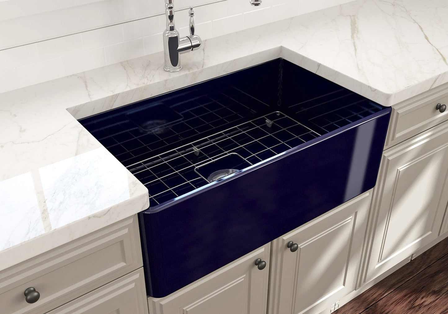 BOCCHI CLASSICO 30" Fireclay Farmhouse Single Bowl Kitchen Sink with Protective Bottom Grid and Strainer