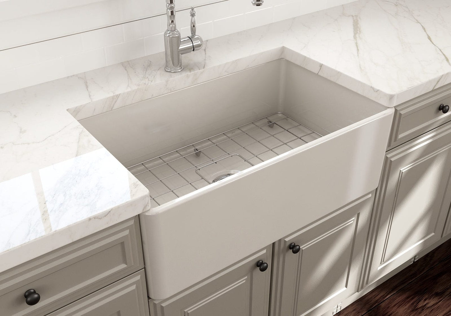 BOCCHI CLASSICO 30" Fireclay Farmhouse Single Bowl Kitchen Sink with Protective Bottom Grid and Strainer