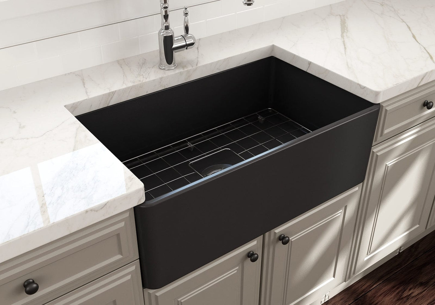 BOCCHI CLASSICO 30" Fireclay Farmhouse Single Bowl Kitchen Sink with Protective Bottom Grid and Strainer