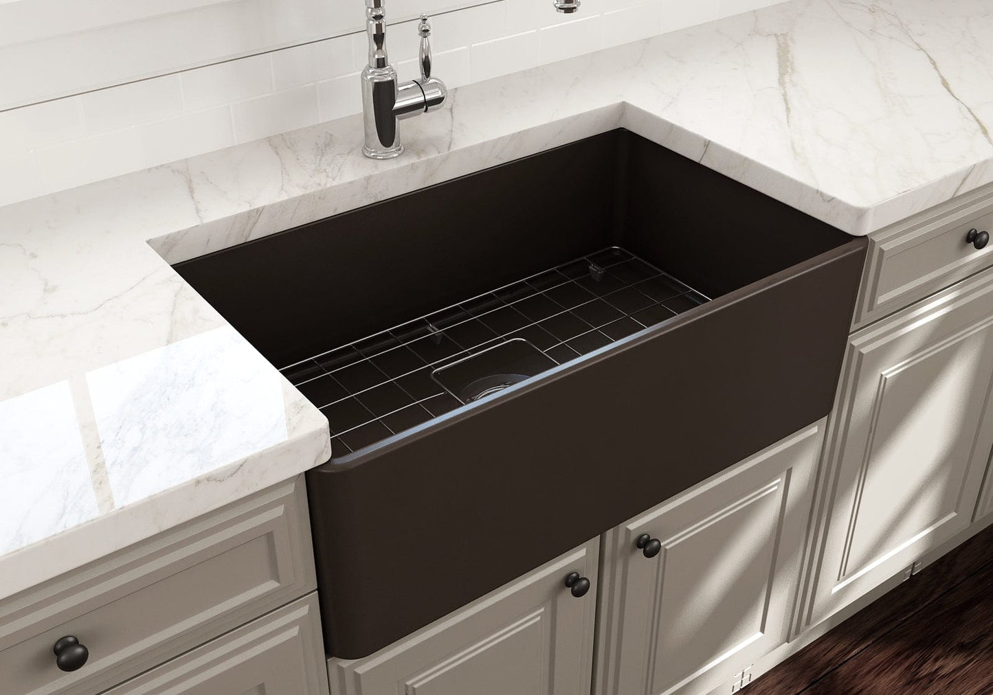 BOCCHI CLASSICO 30" Fireclay Farmhouse Single Bowl Kitchen Sink with Protective Bottom Grid and Strainer