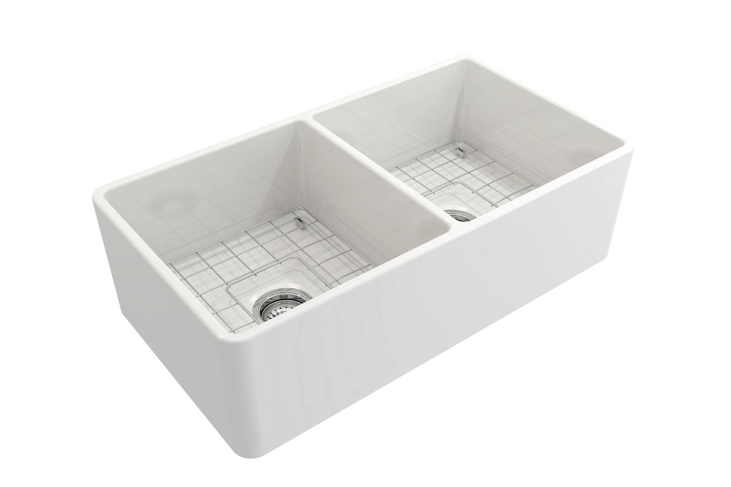 BOCCHI CLASSICO 33" Fireclay Traditional Farmhouse Double Bowl Kitchen Sink with Protective Bottom Grid and Strainer