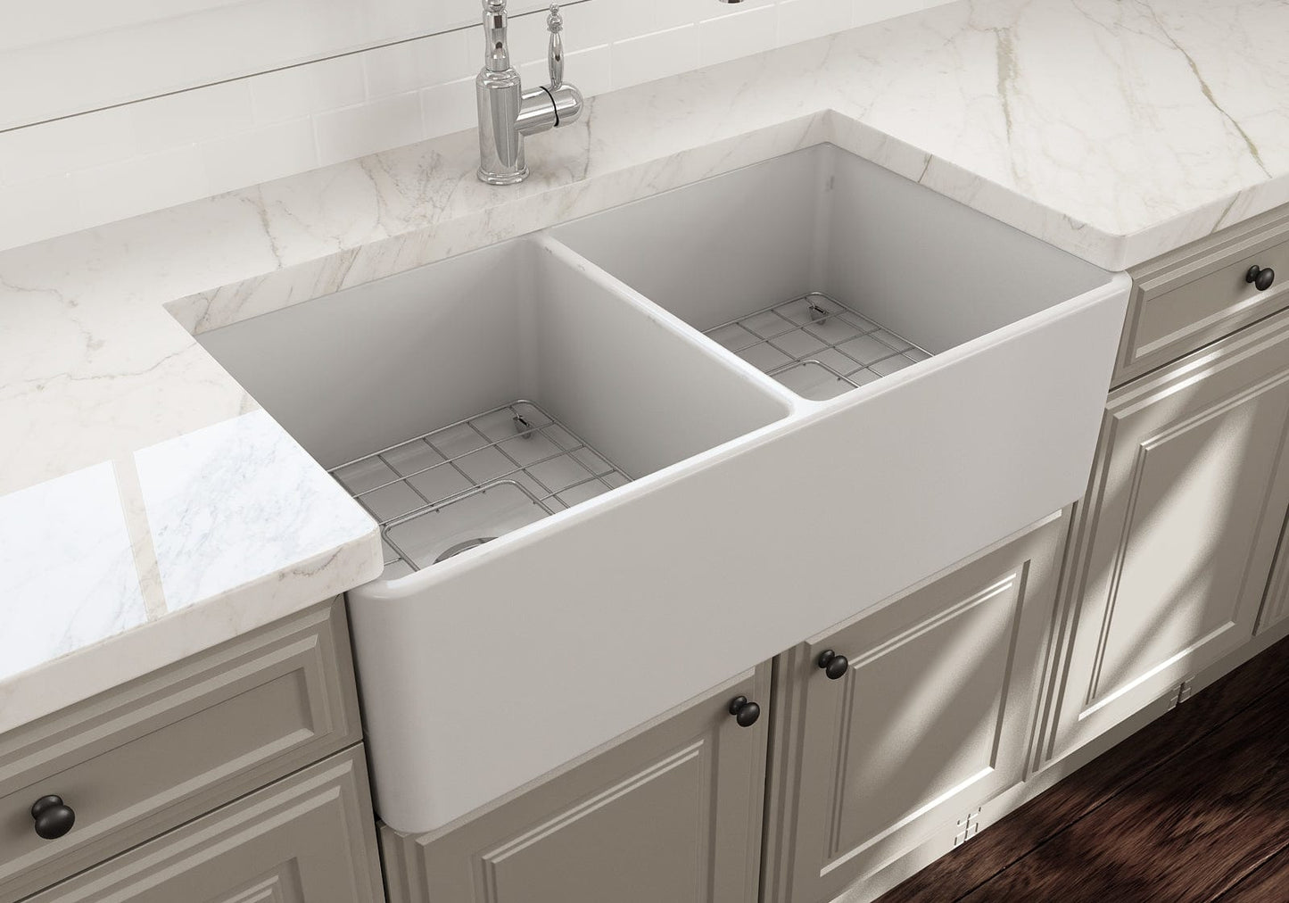 BOCCHI CLASSICO 33" Fireclay Traditional Farmhouse Double Bowl Kitchen Sink with Protective Bottom Grid and Strainer