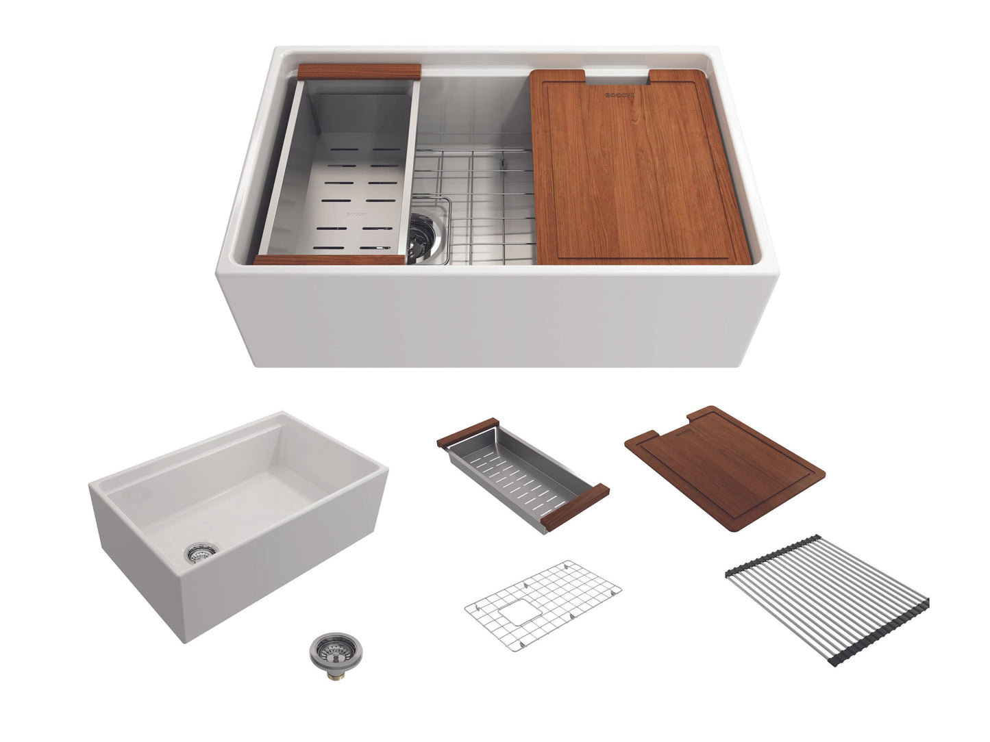BOCCHI CONTEMPO 30" Fireclay Farmhouse Step Rim With Integrated Work Station Single Bowl Kitchen Sink With Accessories