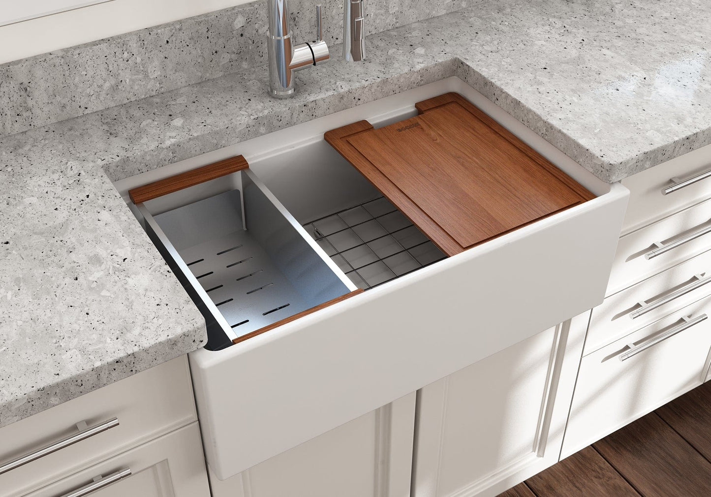 BOCCHI CONTEMPO 30" Fireclay Farmhouse Step Rim With Integrated Work Station Single Bowl Kitchen Sink With Accessories