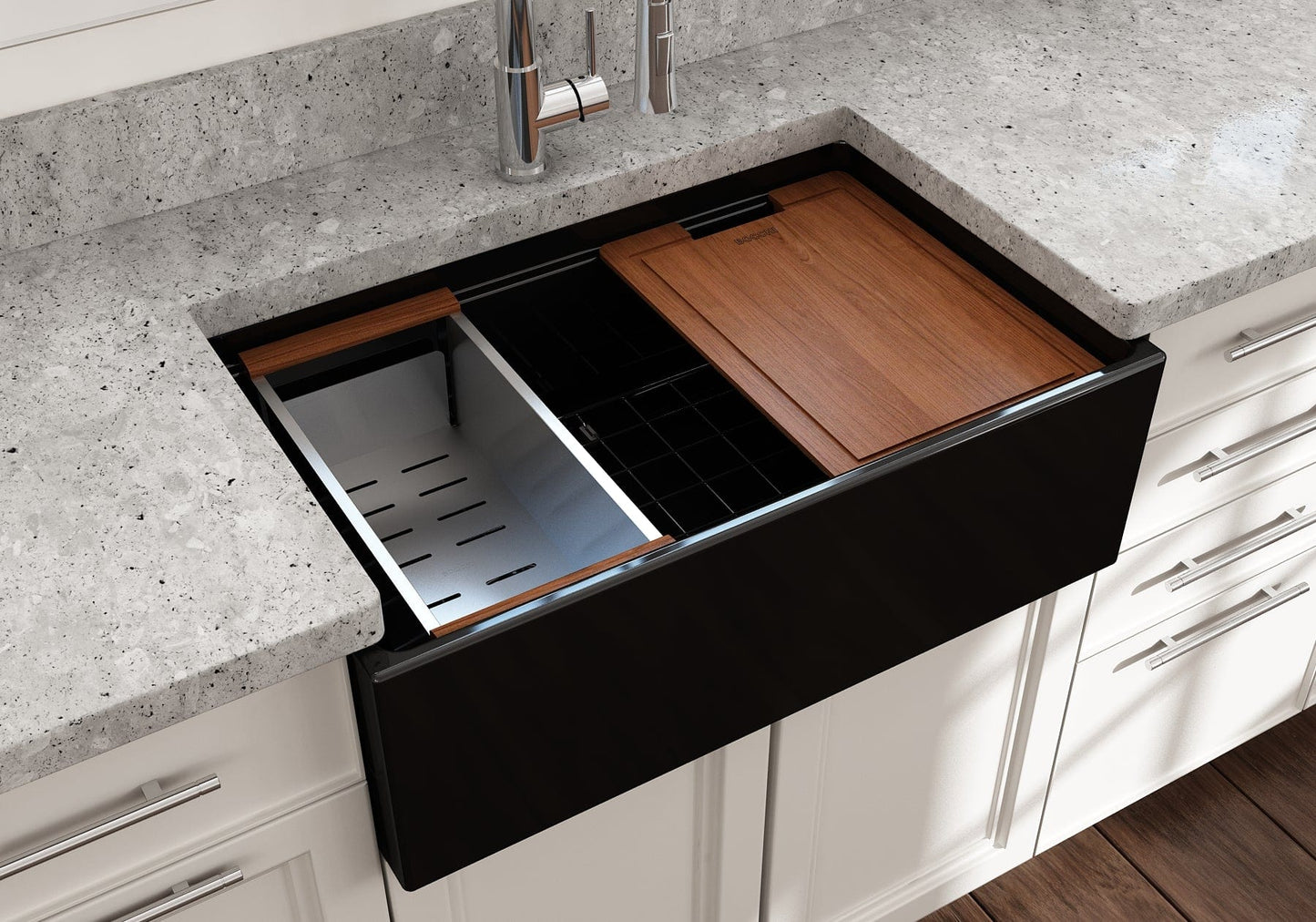 BOCCHI CONTEMPO 30" Fireclay Farmhouse Step Rim With Integrated Work Station Single Bowl Kitchen Sink With Accessories
