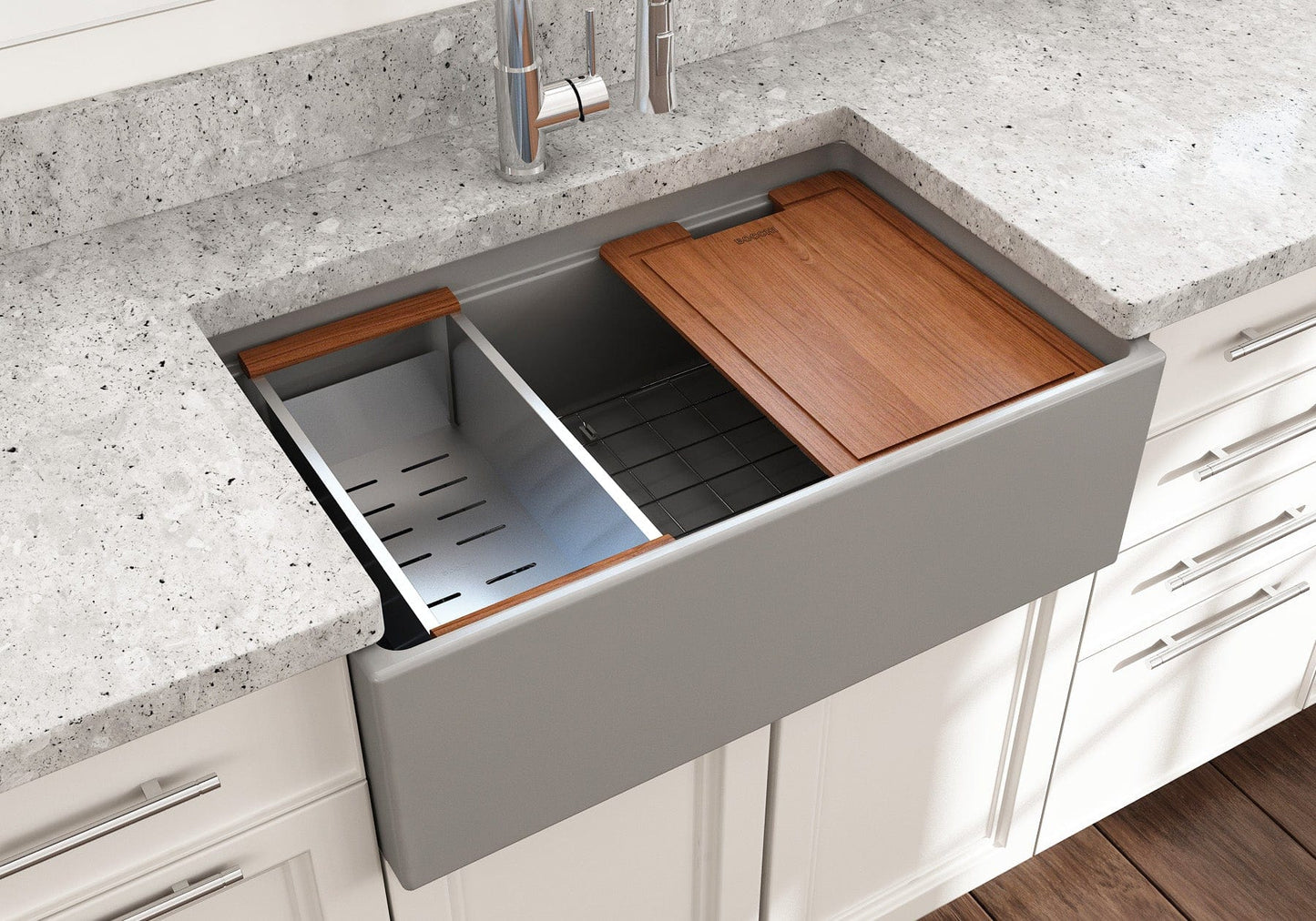 BOCCHI CONTEMPO 30" Fireclay Farmhouse Step Rim With Integrated Work Station Single Bowl Kitchen Sink With Accessories