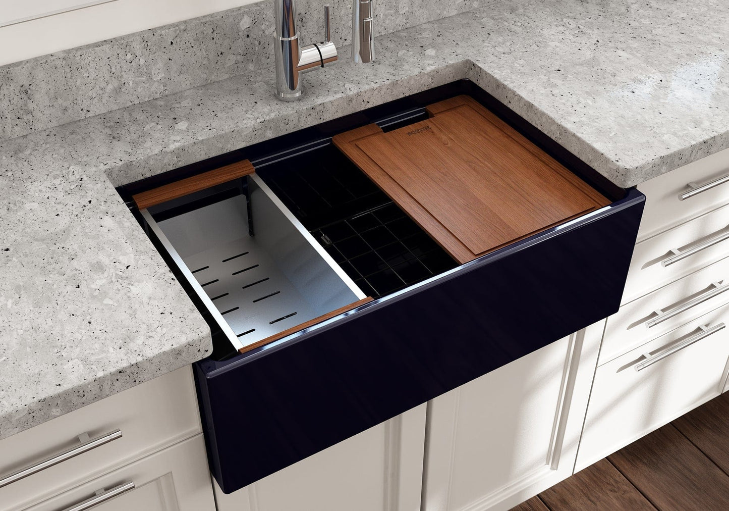 BOCCHI CONTEMPO 30" Fireclay Farmhouse Step Rim With Integrated Work Station Single Bowl Kitchen Sink With Accessories