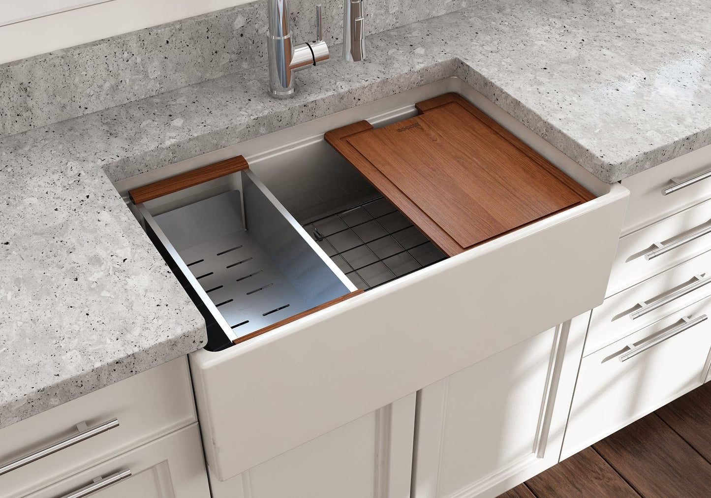 BOCCHI CONTEMPO 30" Fireclay Farmhouse Step Rim With Integrated Work Station Single Bowl Kitchen Sink With Accessories
