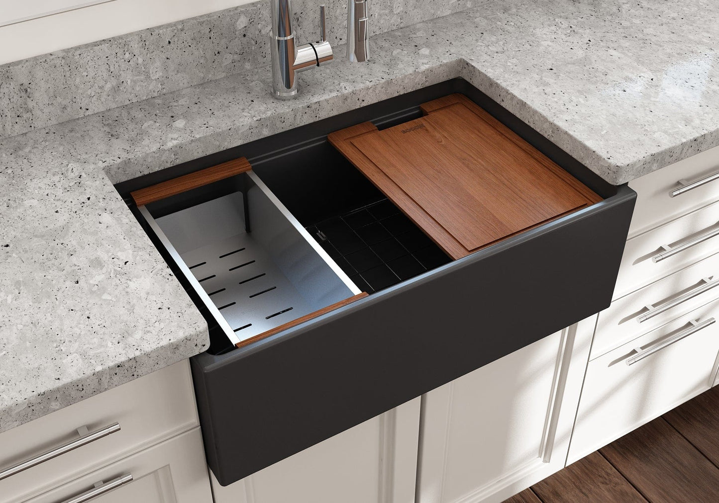 BOCCHI CONTEMPO 30" Fireclay Farmhouse Step Rim With Integrated Work Station Single Bowl Kitchen Sink With Accessories