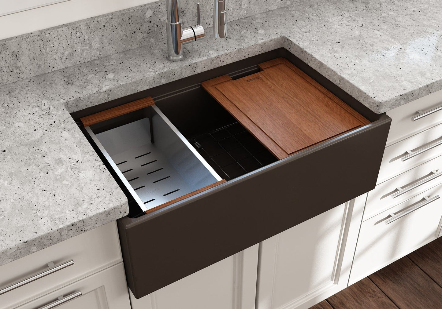 BOCCHI CONTEMPO 30" Fireclay Farmhouse Step Rim With Integrated Work Station Single Bowl Kitchen Sink With Accessories