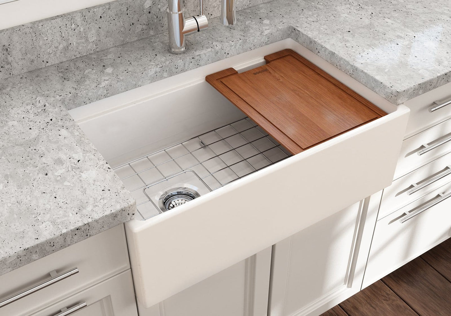 BOCCHI CONTEMPO 30" Fireclay Farmhouse Step Rim With Integrated Work Station Single Bowl Kitchen Sink With Accessories