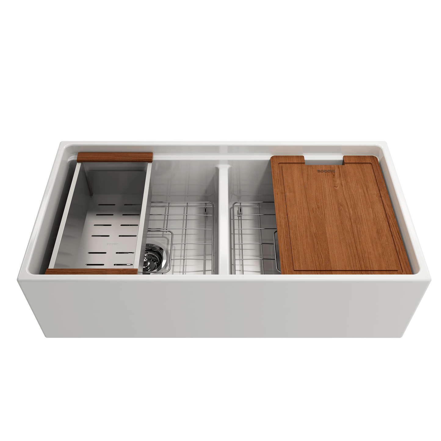 BOCCHI CONTEMPO 36" Step Rim Fireclay Farmhouse Double Bowl Kitchen Sink with Protective Bottom Grid and Strainer
