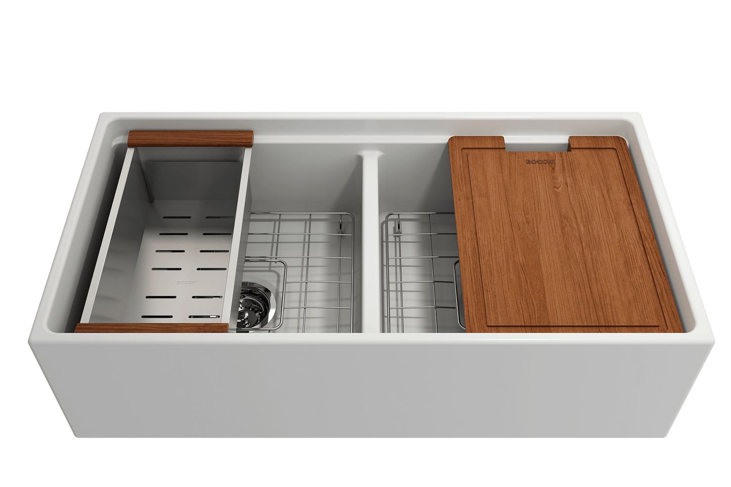 BOCCHI CONTEMPO 36" Step Rim Fireclay Farmhouse Double Bowl Kitchen Sink with Protective Bottom Grid and Strainer