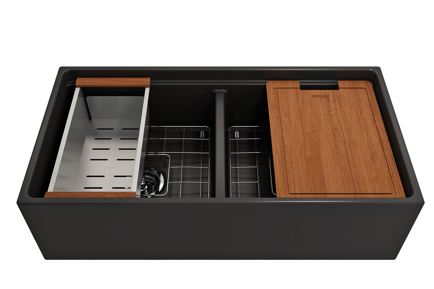 BOCCHI CONTEMPO 36" Step Rim Fireclay Farmhouse Double Bowl Kitchen Sink with Protective Bottom Grid and Strainer