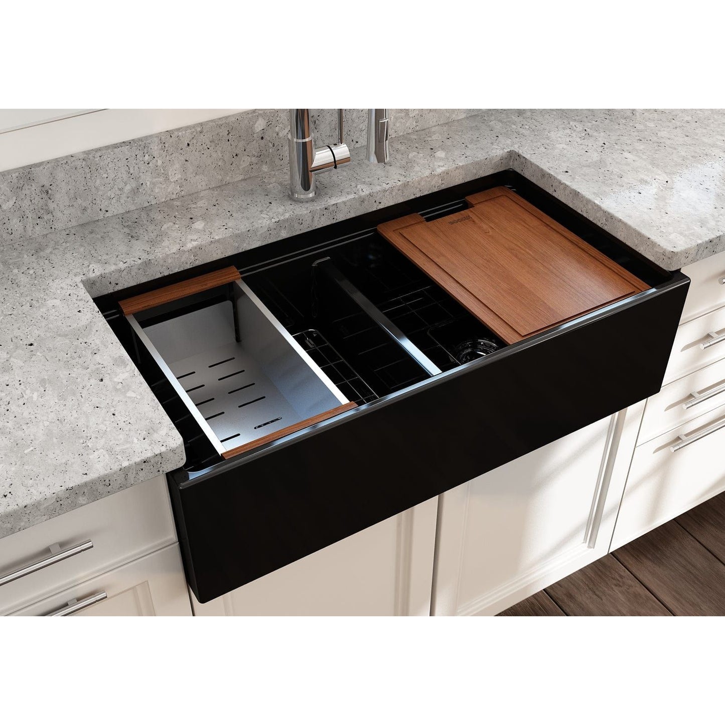 BOCCHI CONTEMPO 36" Step Rim Fireclay Farmhouse Double Bowl Kitchen Sink with Protective Bottom Grid and Strainer