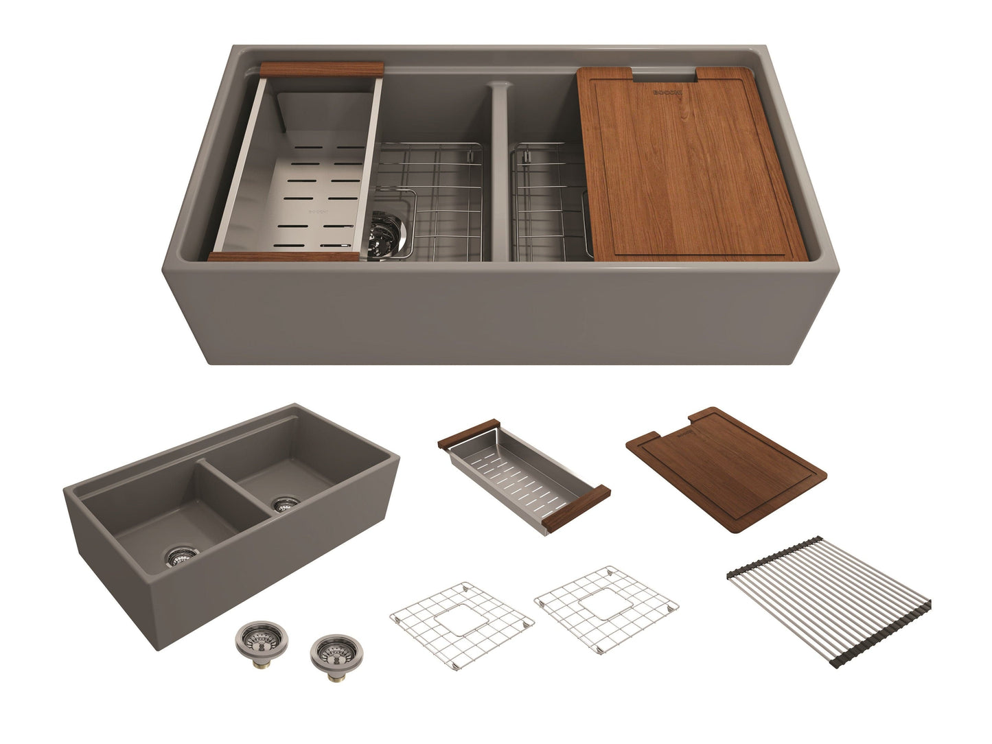 BOCCHI CONTEMPO 36" Step Rim Fireclay Farmhouse Double Bowl Kitchen Sink with Protective Bottom Grid and Strainer