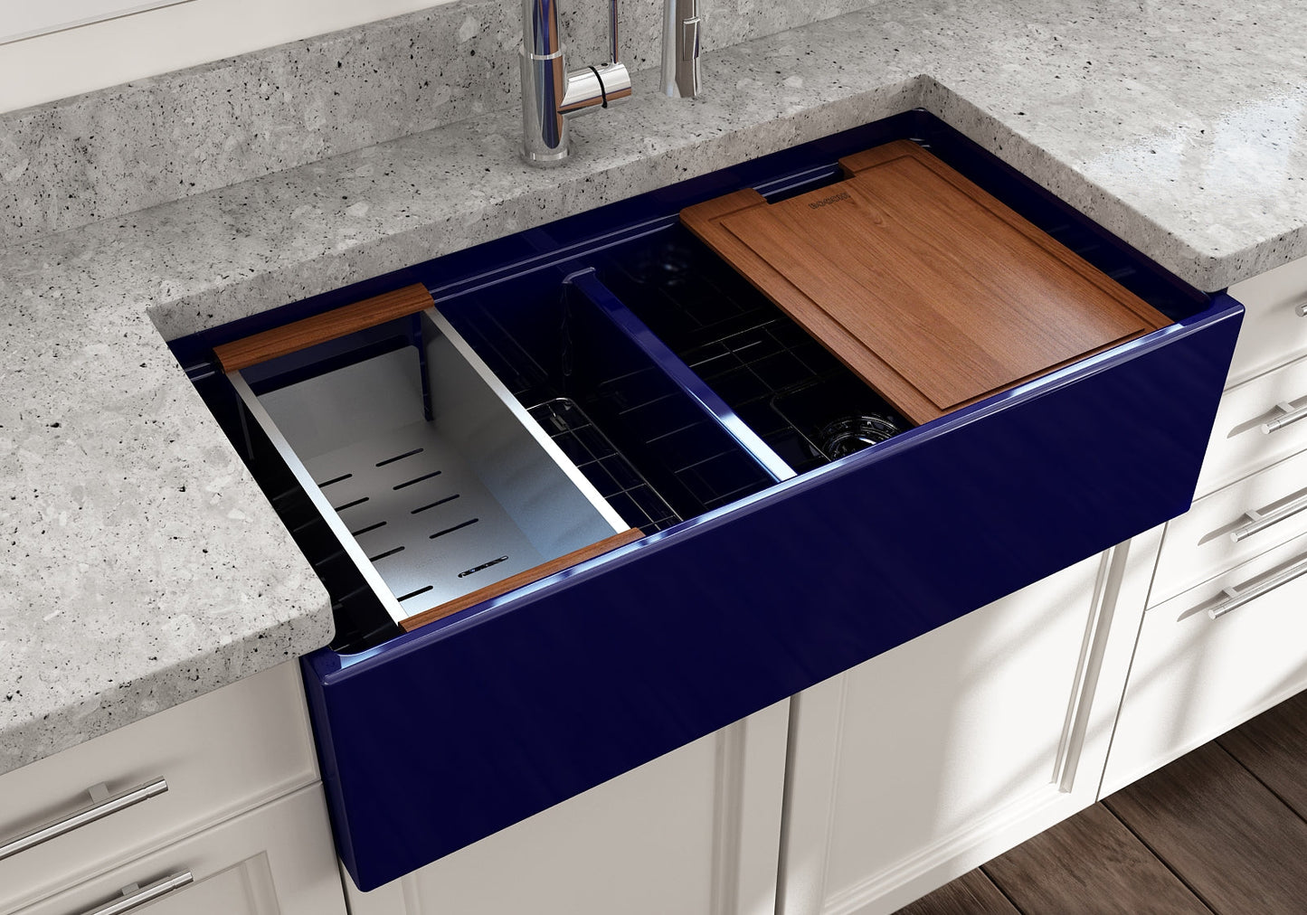 BOCCHI CONTEMPO 36" Step Rim Fireclay Farmhouse Double Bowl Kitchen Sink with Protective Bottom Grid and Strainer