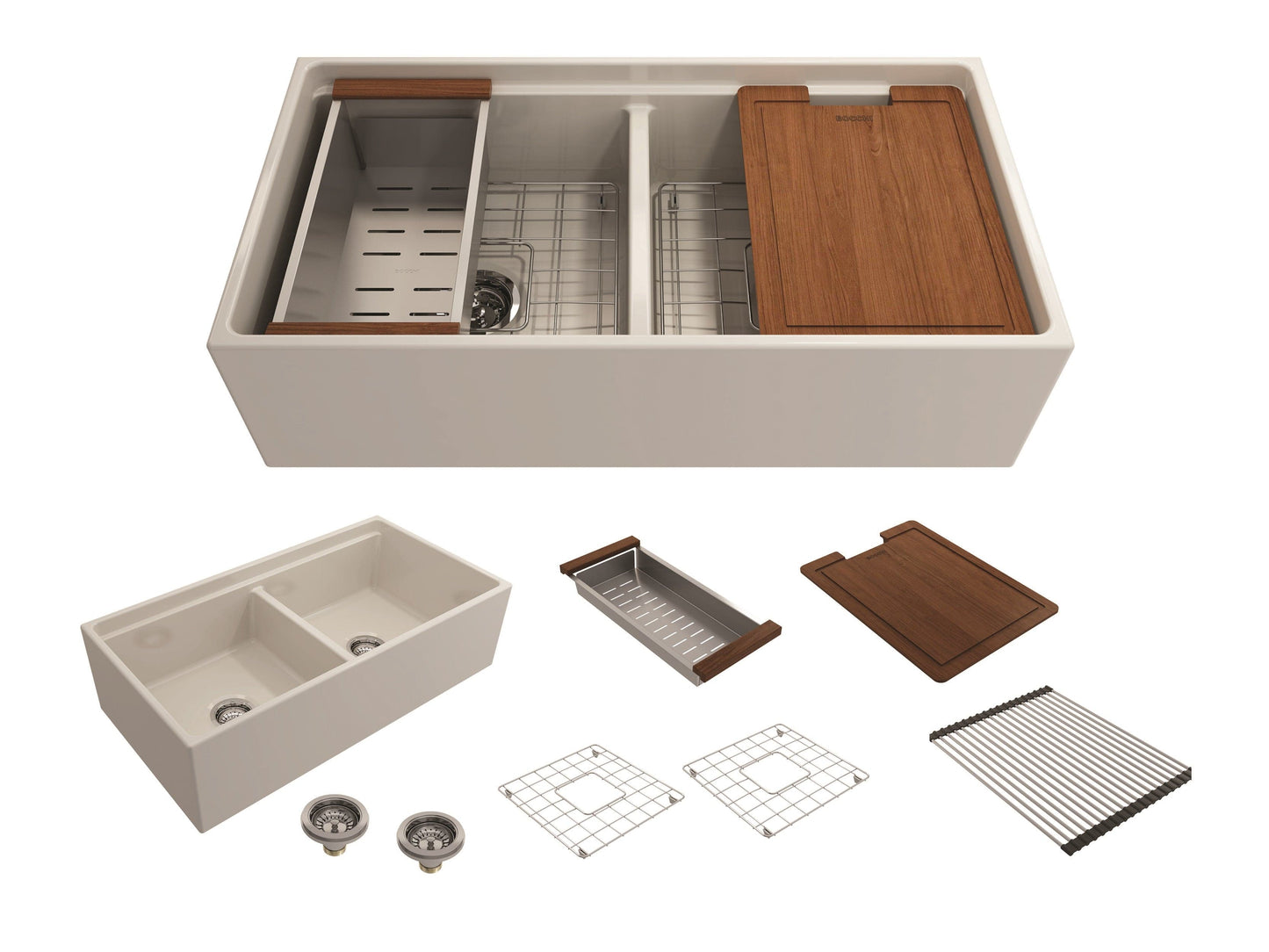 BOCCHI CONTEMPO 36" Step Rim Fireclay Farmhouse Double Bowl Kitchen Sink with Protective Bottom Grid and Strainer