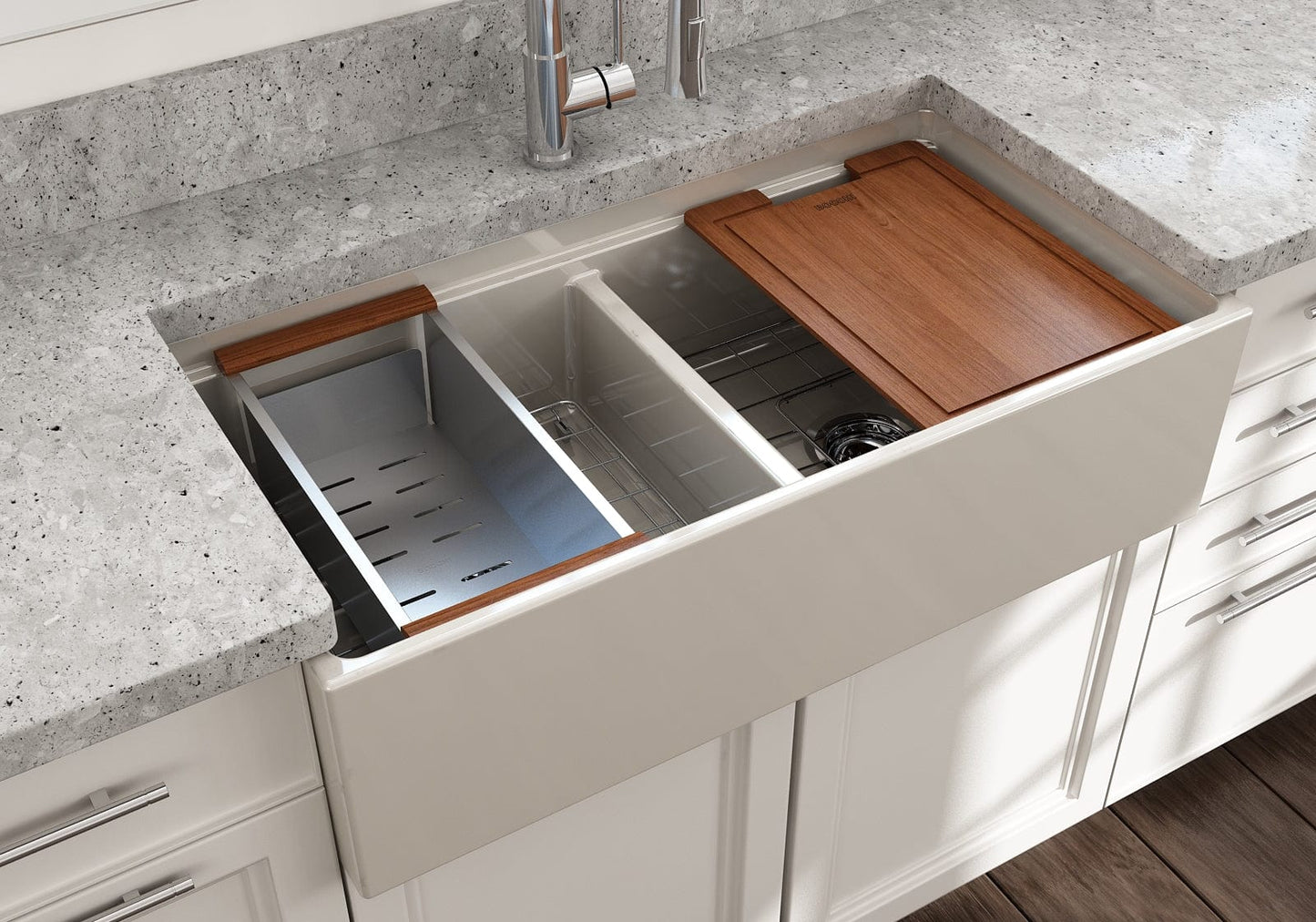 BOCCHI CONTEMPO 36" Step Rim Fireclay Farmhouse Double Bowl Kitchen Sink with Protective Bottom Grid and Strainer