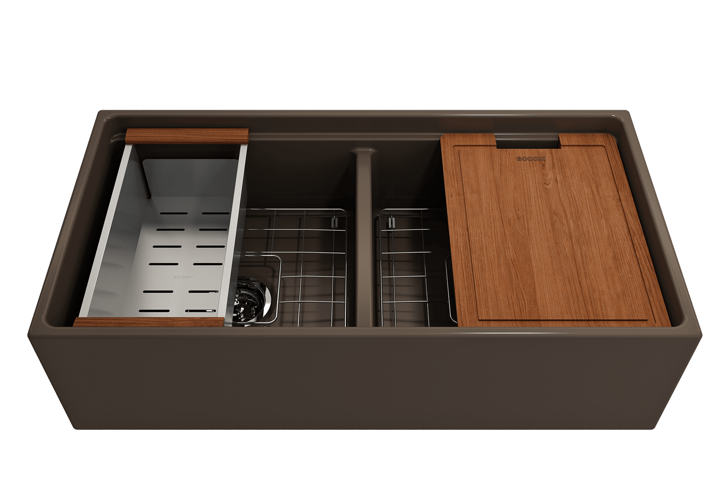 BOCCHI CONTEMPO 36" Step Rim Fireclay Farmhouse Double Bowl Kitchen Sink with Protective Bottom Grid and Strainer
