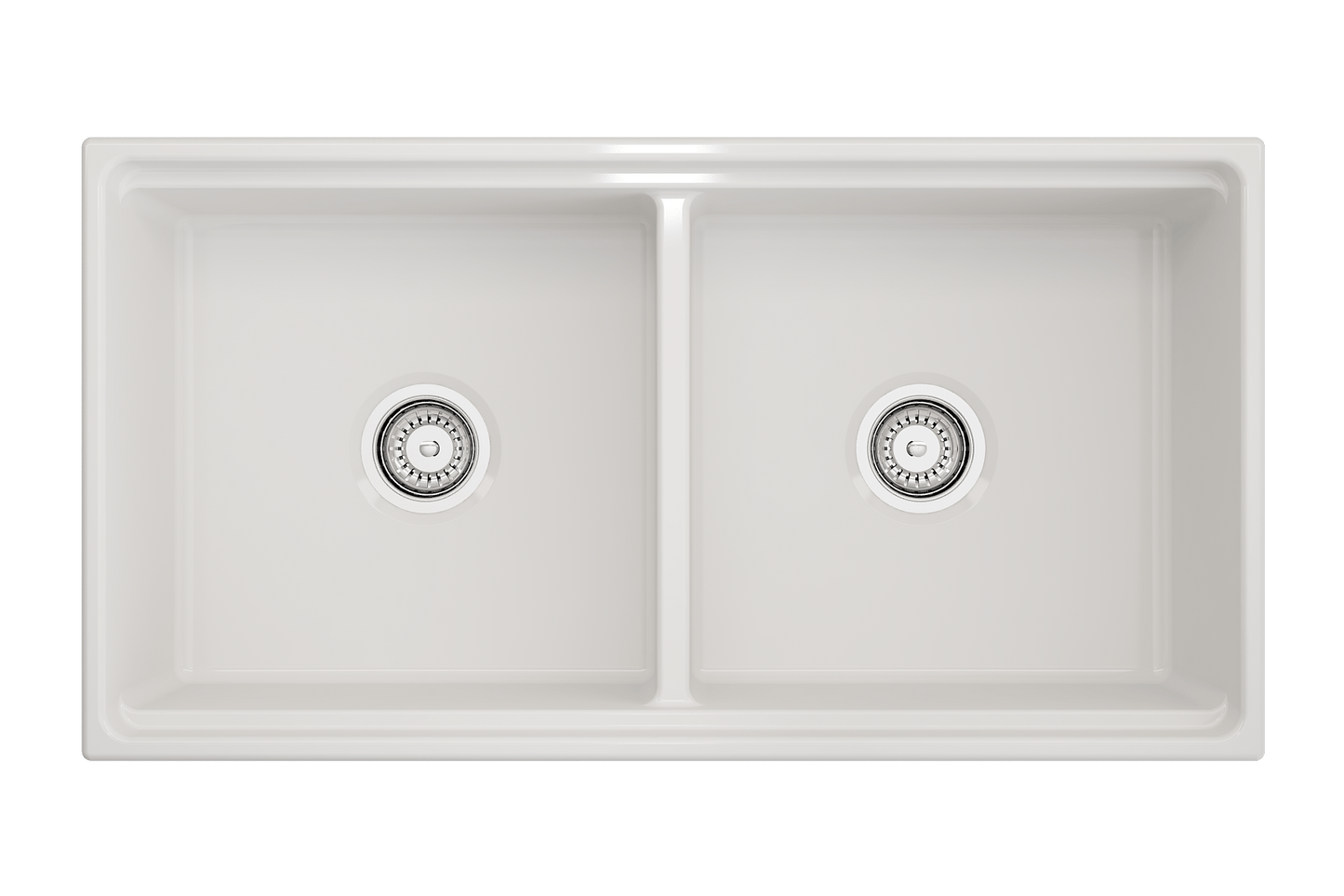 BOCCHI CONTEMPO 36" Step Rim Fireclay Farmhouse Double Bowl Kitchen Sink with Protective Bottom Grid and Strainer