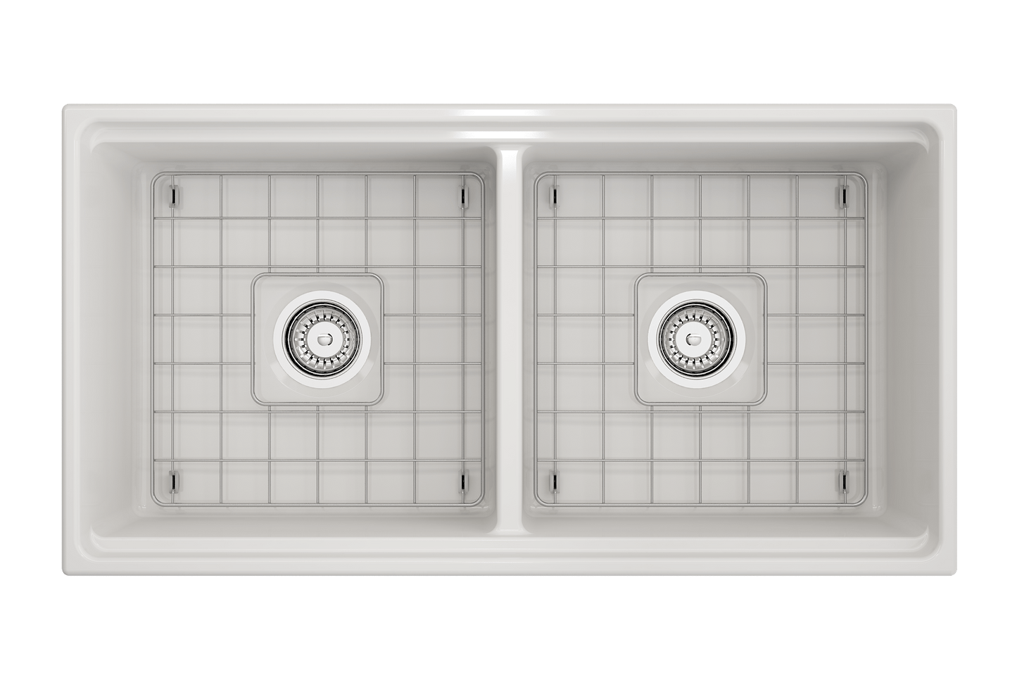 BOCCHI CONTEMPO 36" Step Rim Fireclay Farmhouse Double Bowl Kitchen Sink with Protective Bottom Grid and Strainer