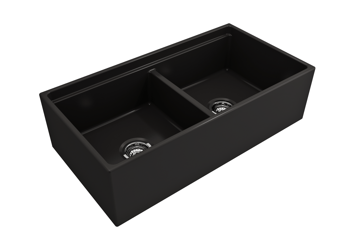 BOCCHI CONTEMPO 36" Step Rim Fireclay Farmhouse Double Bowl Kitchen Sink with Protective Bottom Grid and Strainer