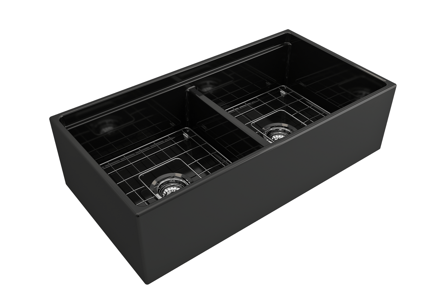 BOCCHI CONTEMPO 36" Step Rim Fireclay Farmhouse Double Bowl Kitchen Sink with Protective Bottom Grid and Strainer