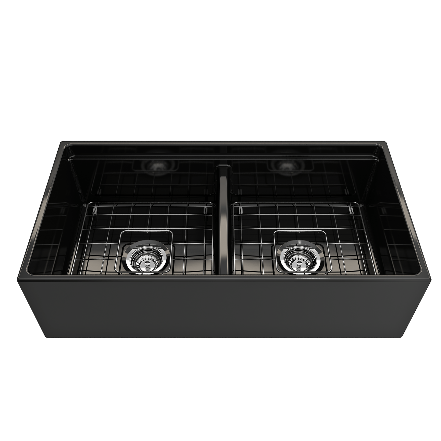 BOCCHI CONTEMPO 36" Step Rim Fireclay Farmhouse Double Bowl Kitchen Sink with Protective Bottom Grid and Strainer