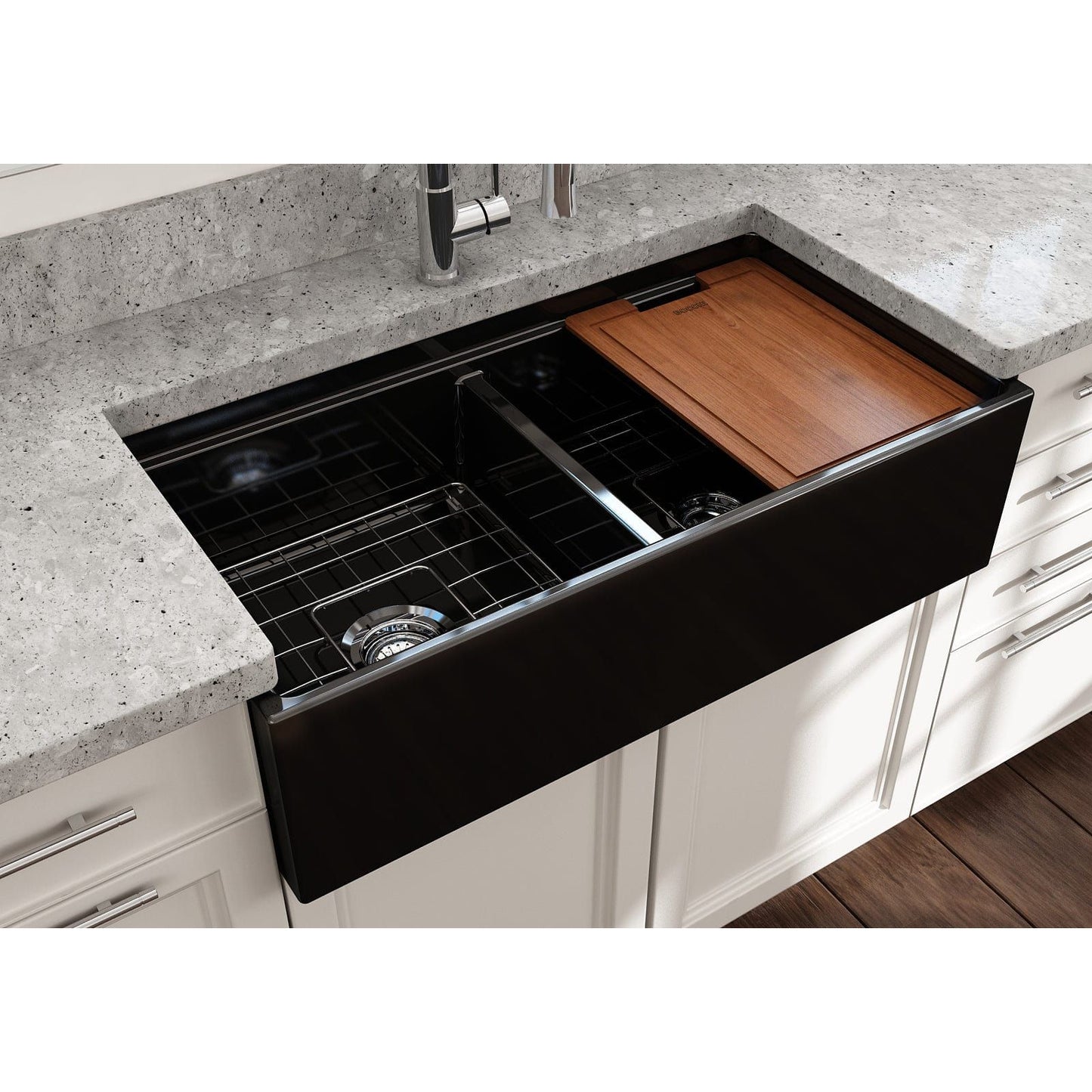 BOCCHI CONTEMPO 36" Step Rim Fireclay Farmhouse Double Bowl Kitchen Sink with Protective Bottom Grid and Strainer