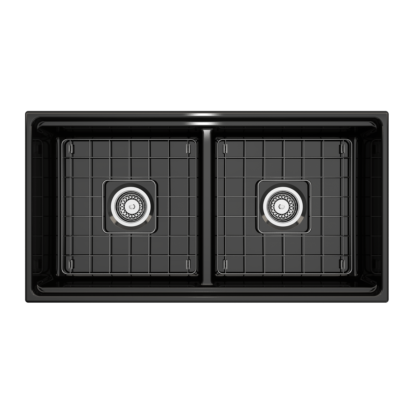 BOCCHI CONTEMPO 36" Step Rim Fireclay Farmhouse Double Bowl Kitchen Sink with Protective Bottom Grid and Strainer