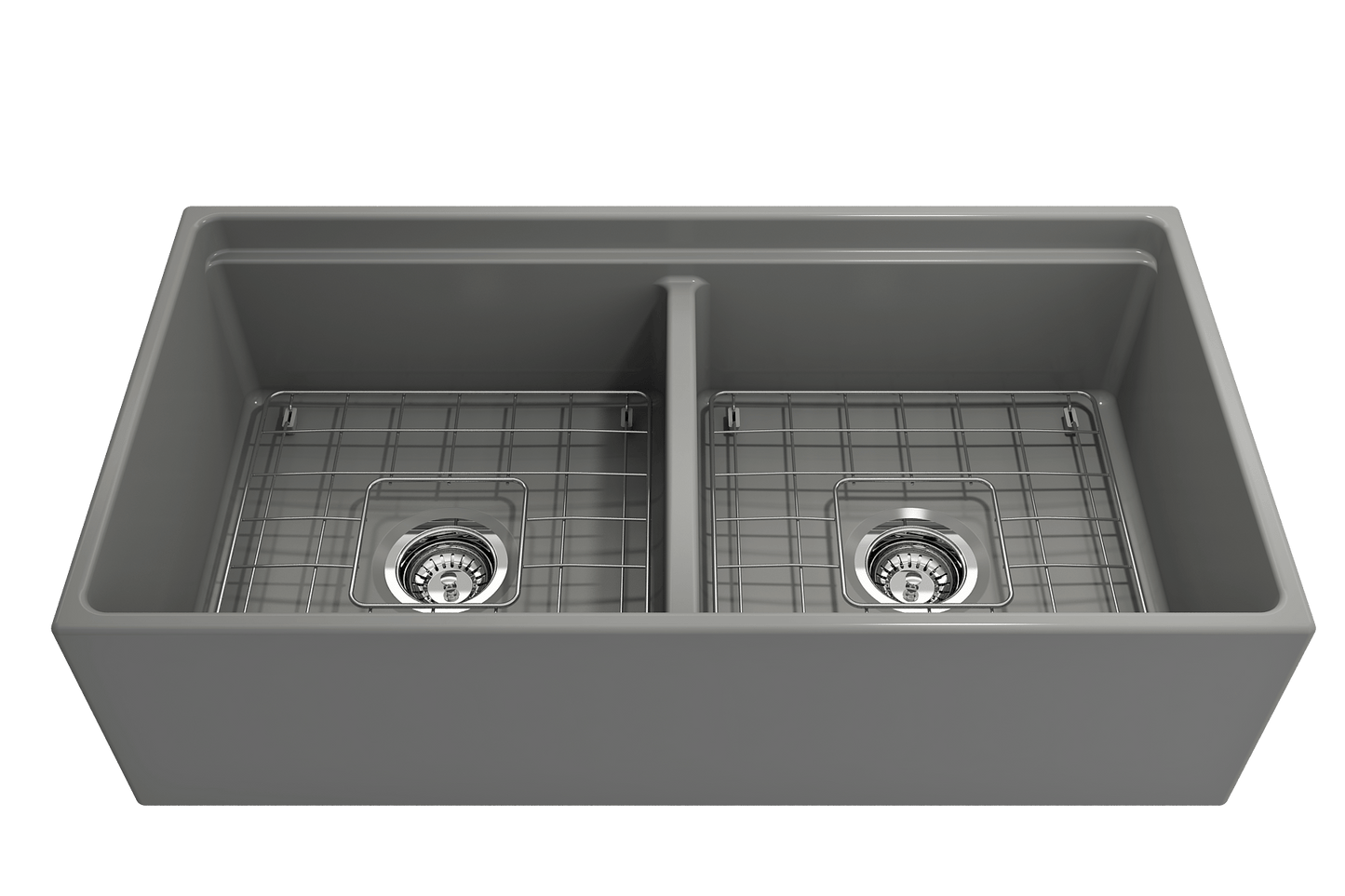 BOCCHI CONTEMPO 36" Step Rim Fireclay Farmhouse Double Bowl Kitchen Sink with Protective Bottom Grid and Strainer