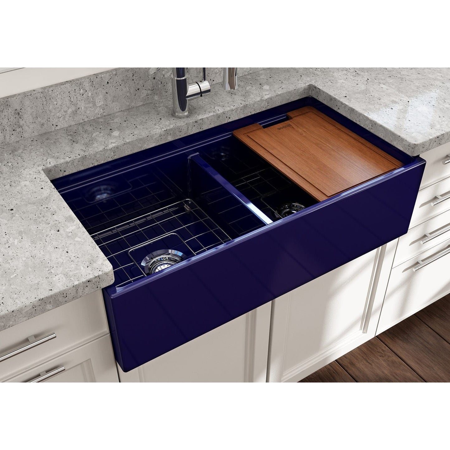 BOCCHI CONTEMPO 36" Step Rim Fireclay Farmhouse Double Bowl Kitchen Sink with Protective Bottom Grid and Strainer