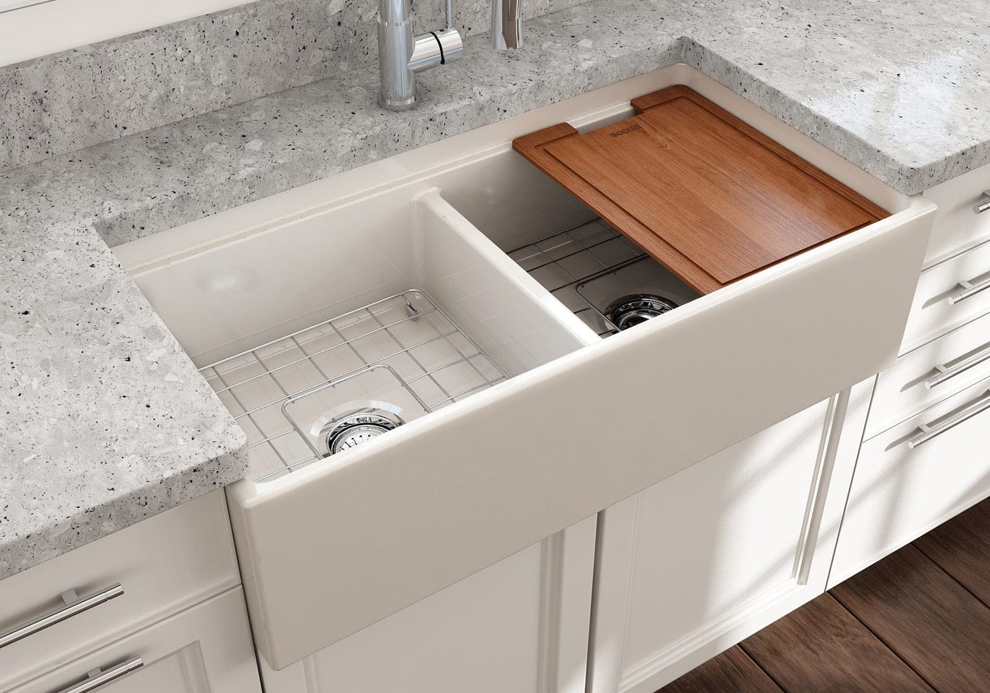BOCCHI CONTEMPO 36" Step Rim Fireclay Farmhouse Double Bowl Kitchen Sink with Protective Bottom Grid and Strainer