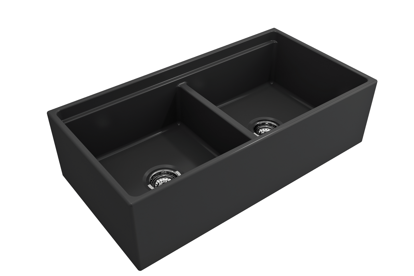 BOCCHI CONTEMPO 36" Step Rim Fireclay Farmhouse Double Bowl Kitchen Sink with Protective Bottom Grid and Strainer