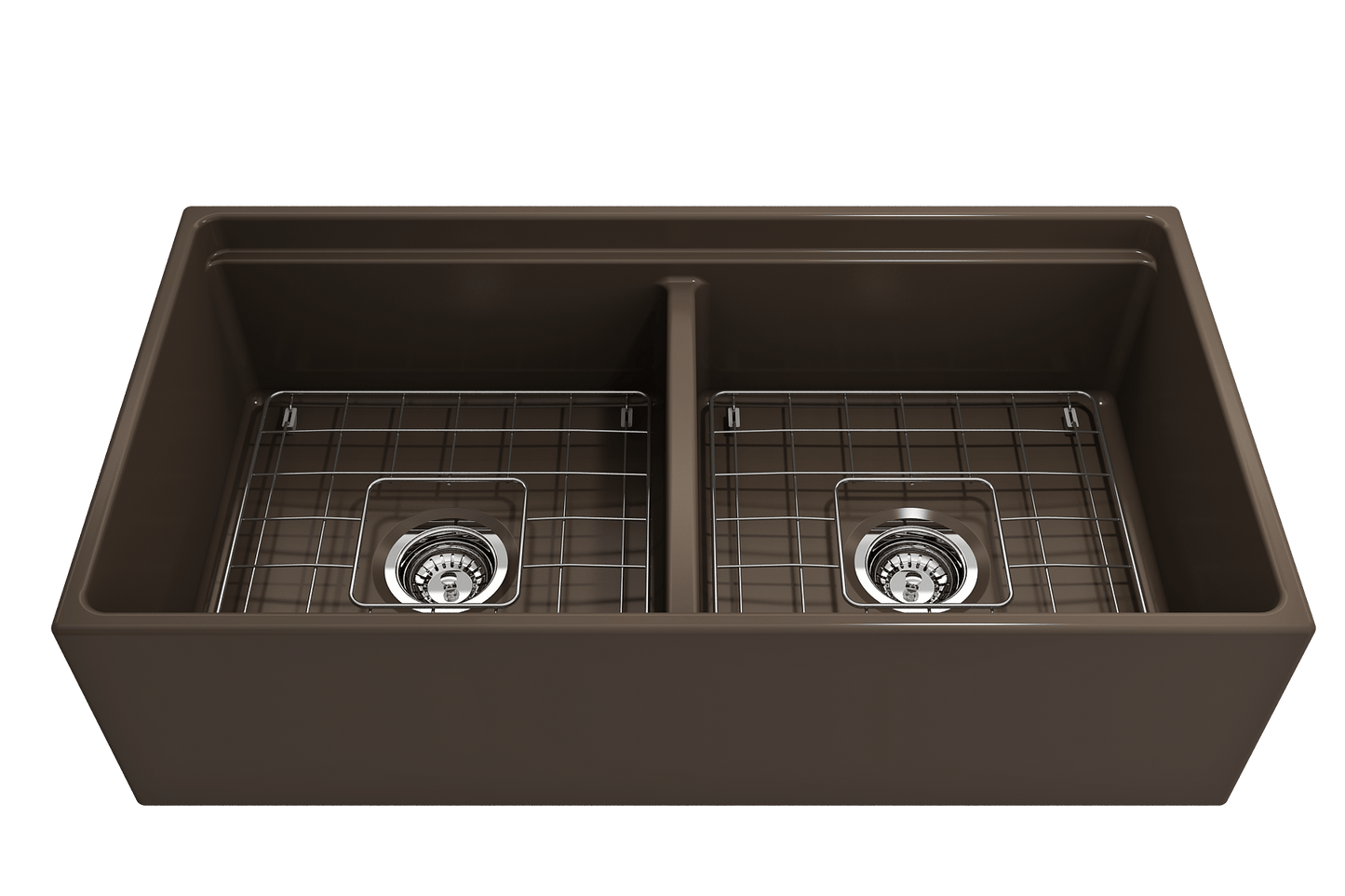 BOCCHI CONTEMPO 36" Step Rim Fireclay Farmhouse Double Bowl Kitchen Sink with Protective Bottom Grid and Strainer
