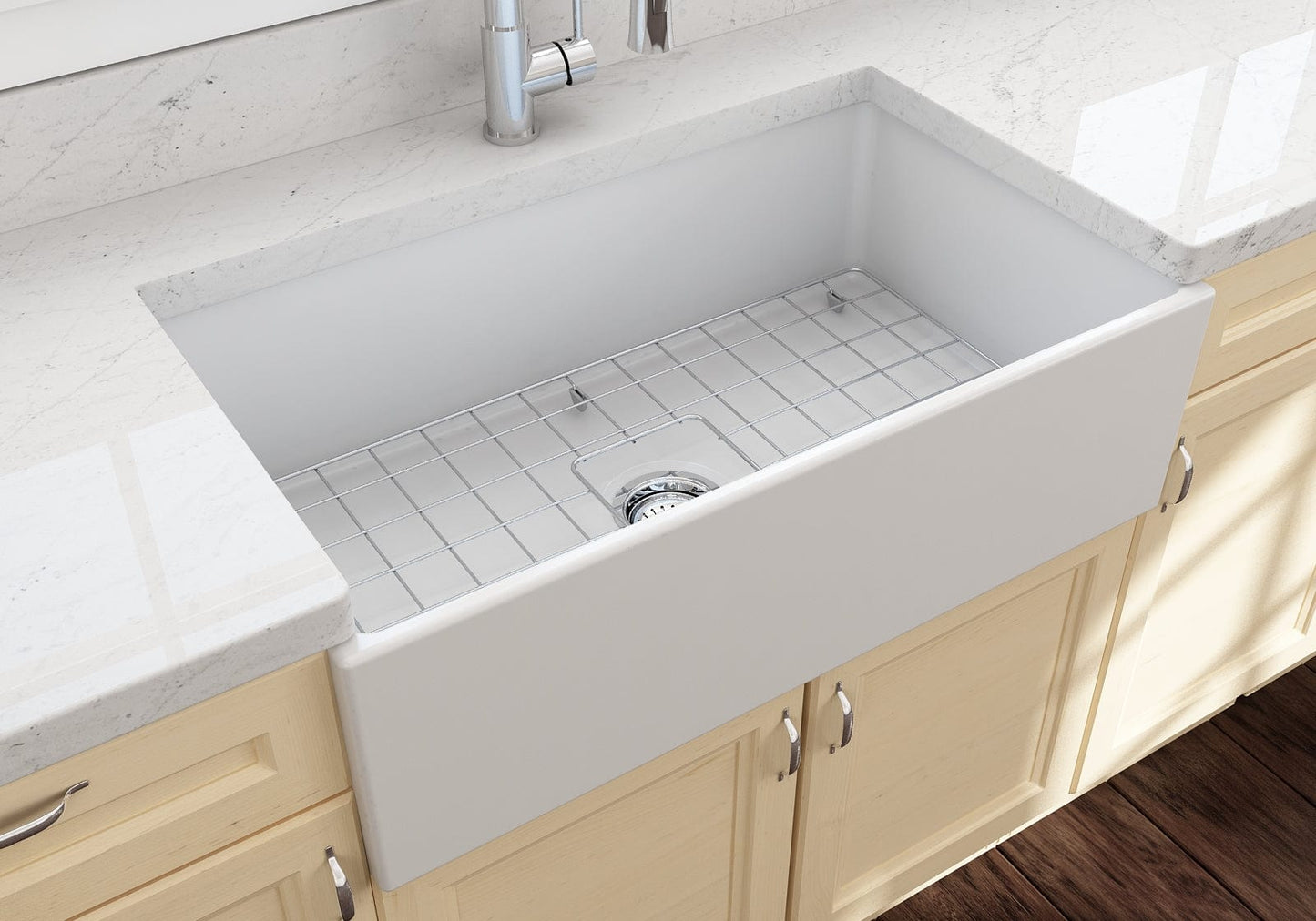 BOCCHI CONTEMPO 33" Fireclay Farmhouse Single Bowl Kitchen Sink with Protective Bottom Grid and Strainer