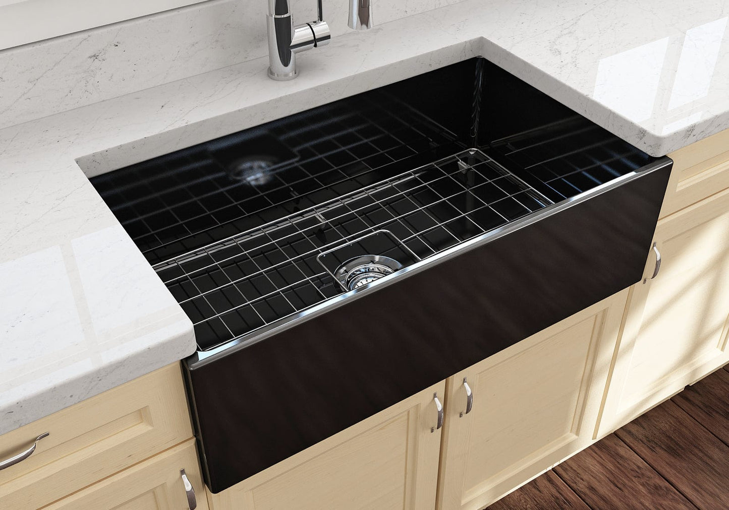 BOCCHI CONTEMPO 33" Fireclay Farmhouse Single Bowl Kitchen Sink with Protective Bottom Grid and Strainer
