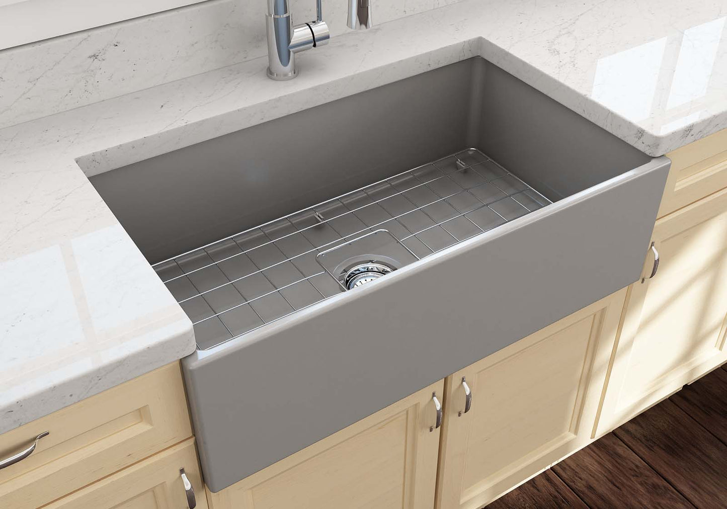 BOCCHI CONTEMPO 33" Fireclay Farmhouse Single Bowl Kitchen Sink with Protective Bottom Grid and Strainer