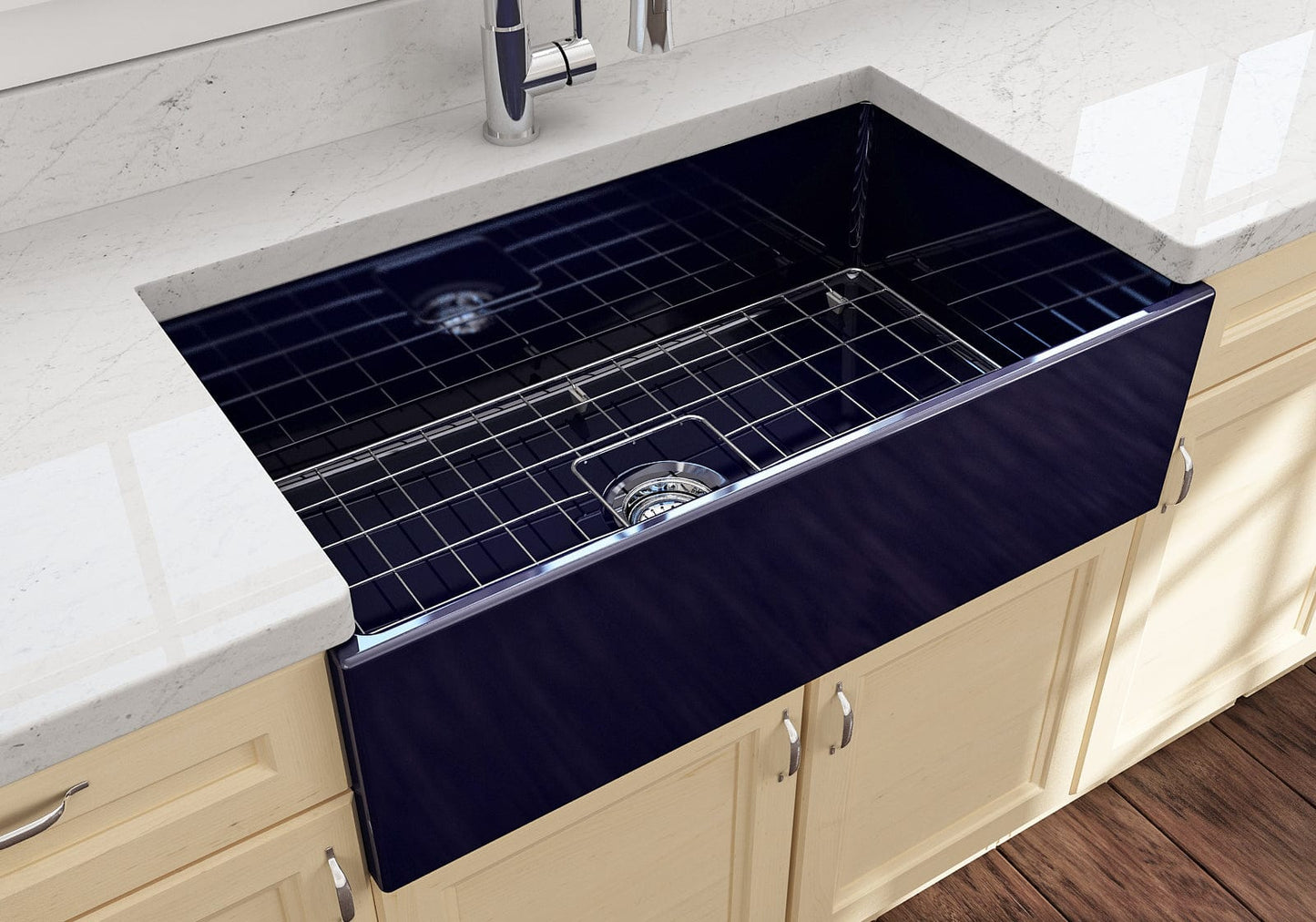 BOCCHI CONTEMPO 33" Fireclay Farmhouse Single Bowl Kitchen Sink with Protective Bottom Grid and Strainer